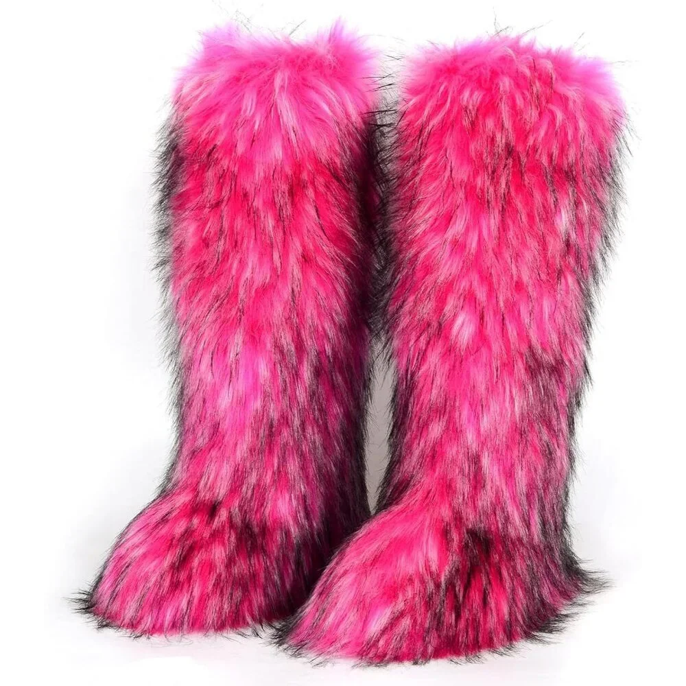 ⚡Women Rose Red Faux Fur Fluffy Cosy Round Toe Knee High Warm Outdoor Fur Boot
